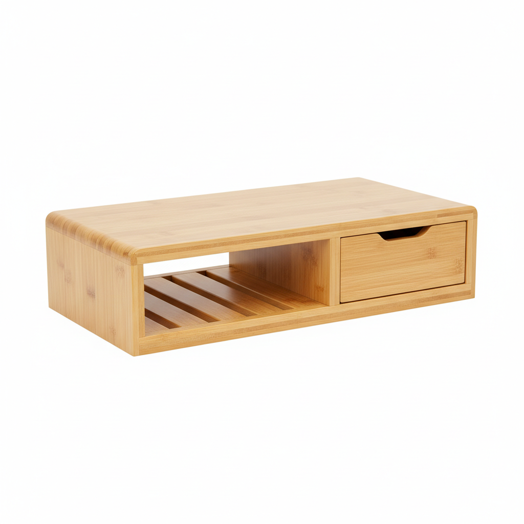Bamboo Monitor Stand — Storage Drawer, Adjustable Feet